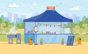 Graphic of a blue pop-up tent with drinks and food