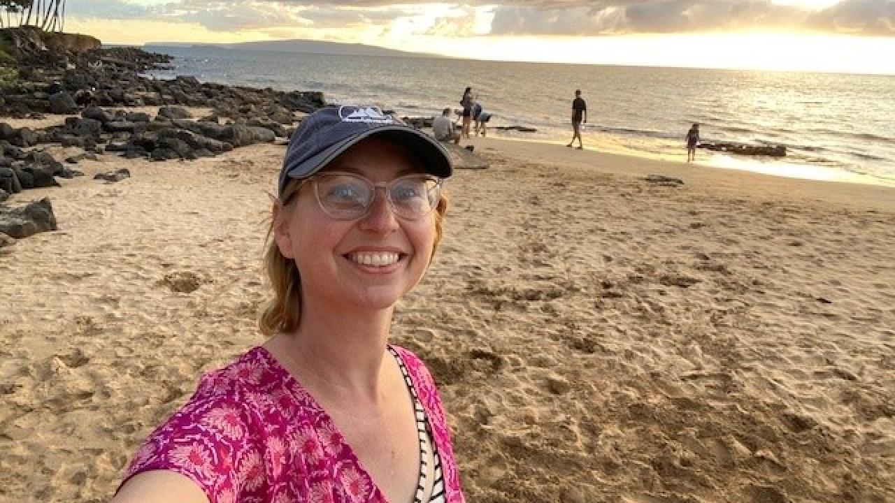 A selfie of Stacy on the beach in Hawaii