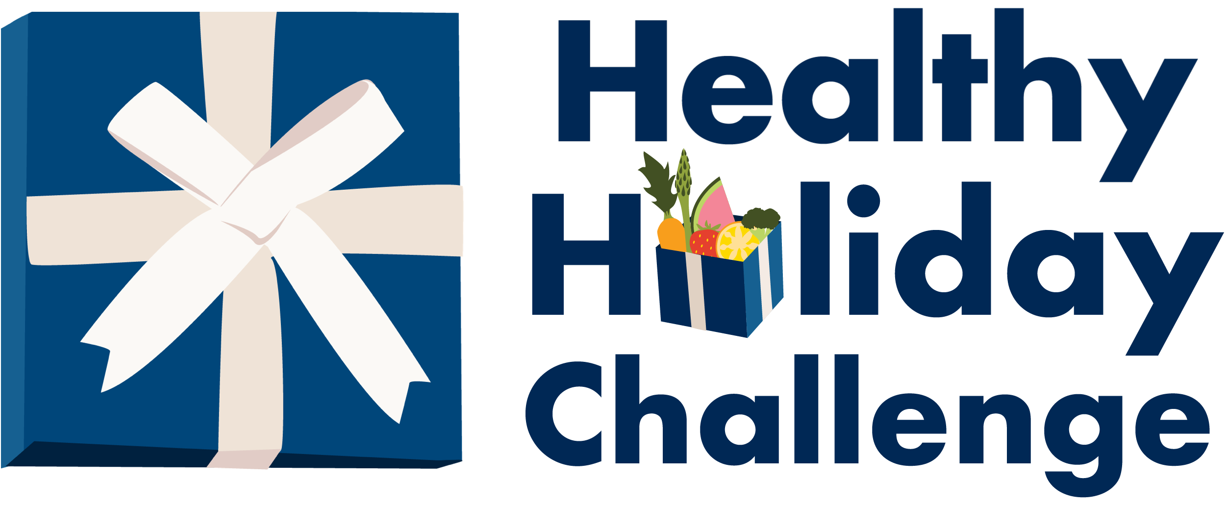 Healthy Holiday Challenge image with the text "Healthy Holiday Challenge" and the "o" in "Holiday" is a gift basked of fruits and vegetables