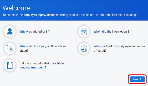 A screenshot of the portal to Employee Injury/Illness reporting. The top of the page includes welcome text followed by a series of questions about the illness/injury.