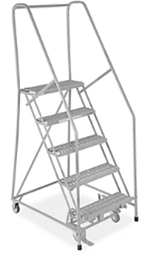 A grey rolling staircase ladder