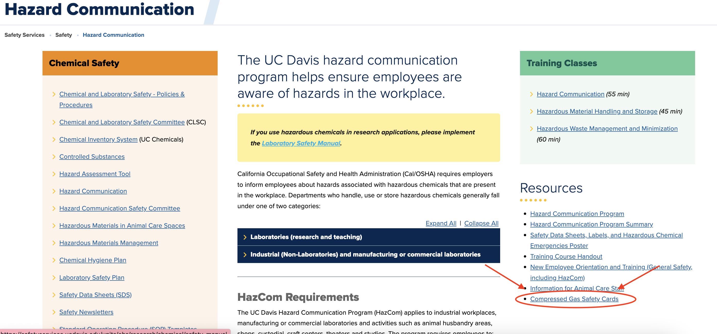 Screenshot of Hazard Communication webpage showing where on the page the link to the COmpressed Gas Safety Card are