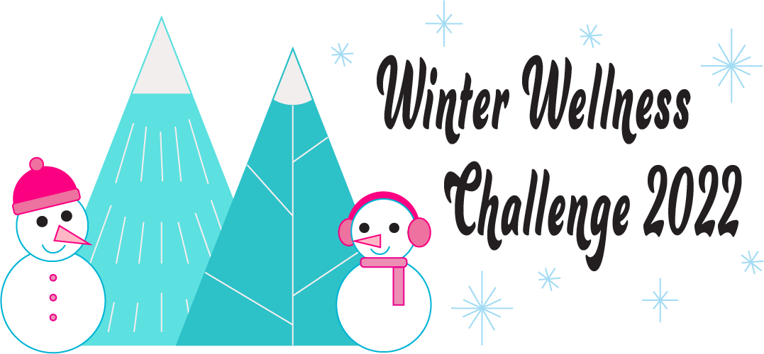 Winter Wellness Challenge 2022 logo - Two smiling snowmen standing next to two mountains.