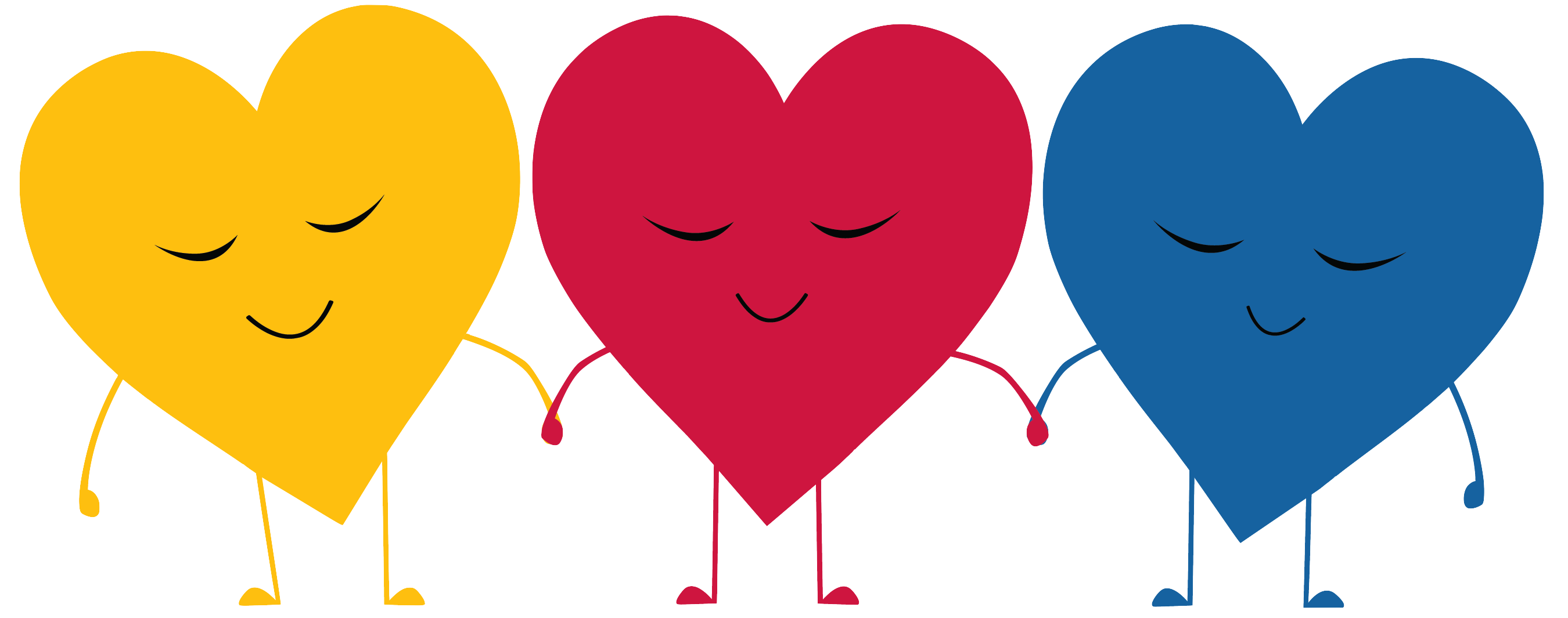 three hearts (yellow, red, and blue), holding hands and smiling
