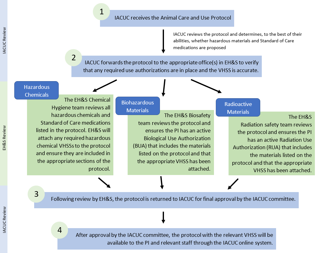 flowchart describing how hazardous materials are evaluated in animal care and use protocols