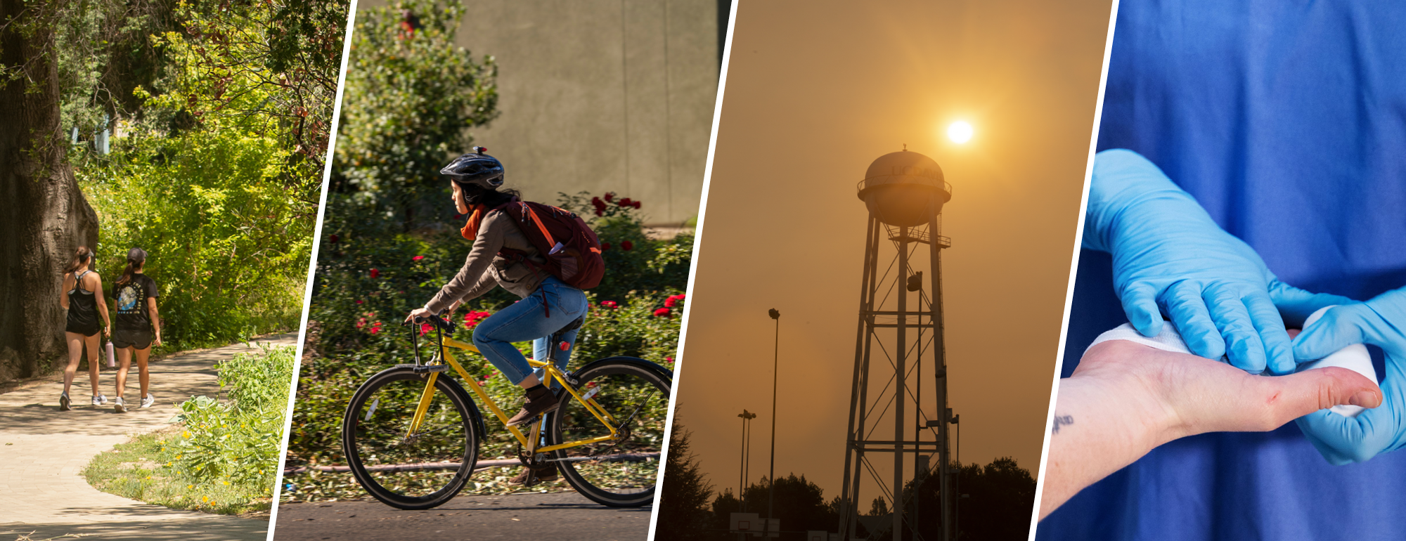 Safety Month Banner with hikers, bikers, the UC Davis water tower and a wound being dressed