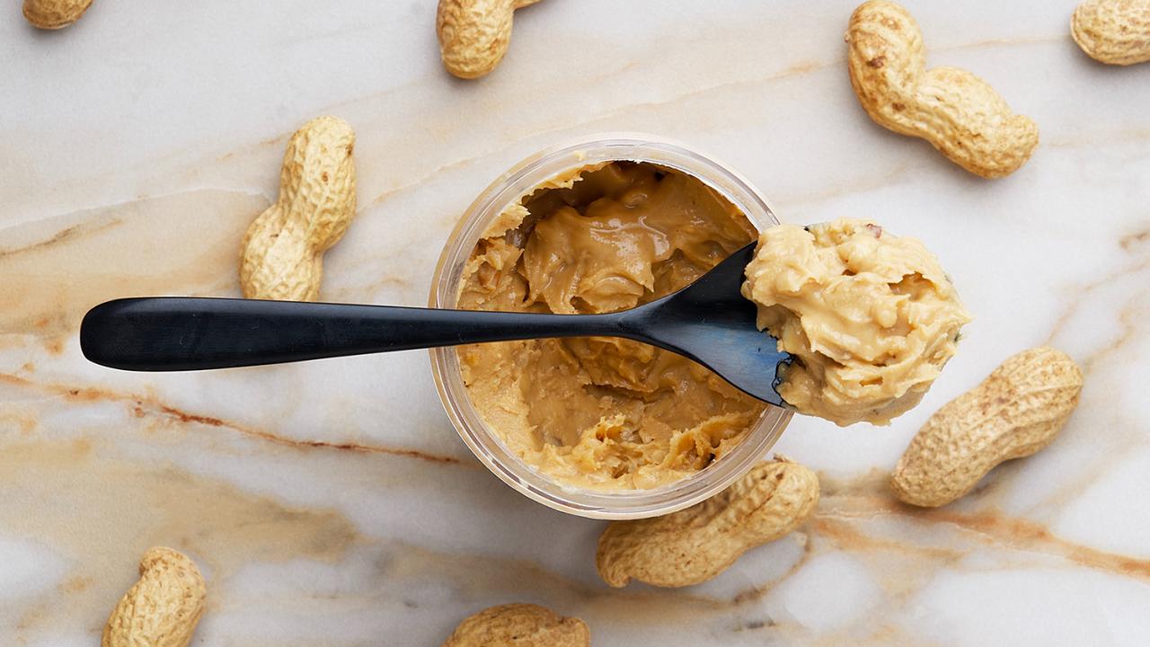 overhead shot of a jar of peanut butter