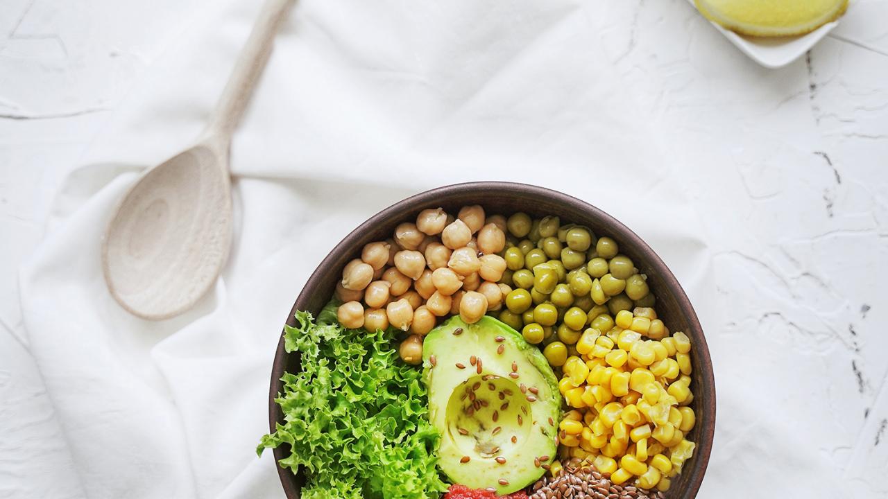 overhead shot of a bowl of healthy foods