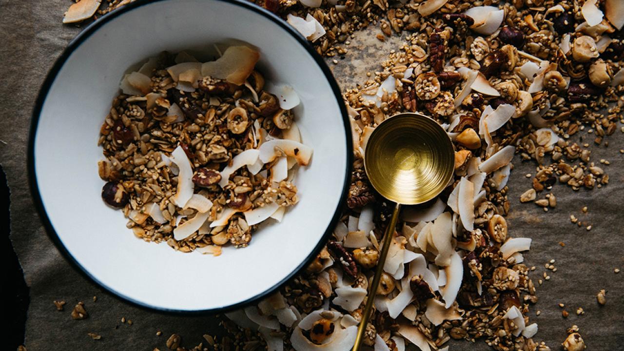 overhead shot of a bowl of granola