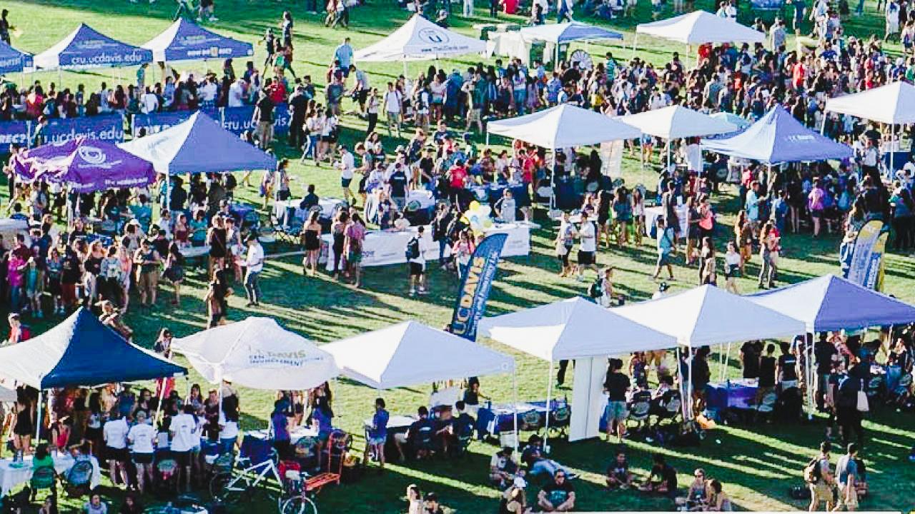 overhead shot of a vendor fair at uc davis