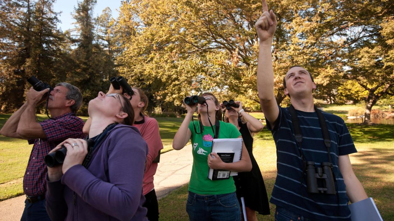 a group of students using binoculars to identify wildlife on UC Davis campus