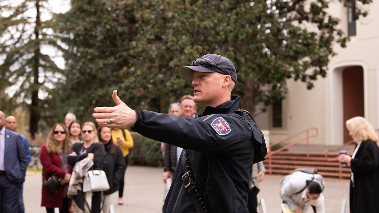 UC Davis Fire Department leading a fire drill outside of Mrak Hall