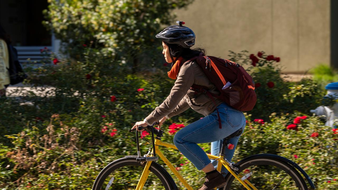 Student riding bike on campus