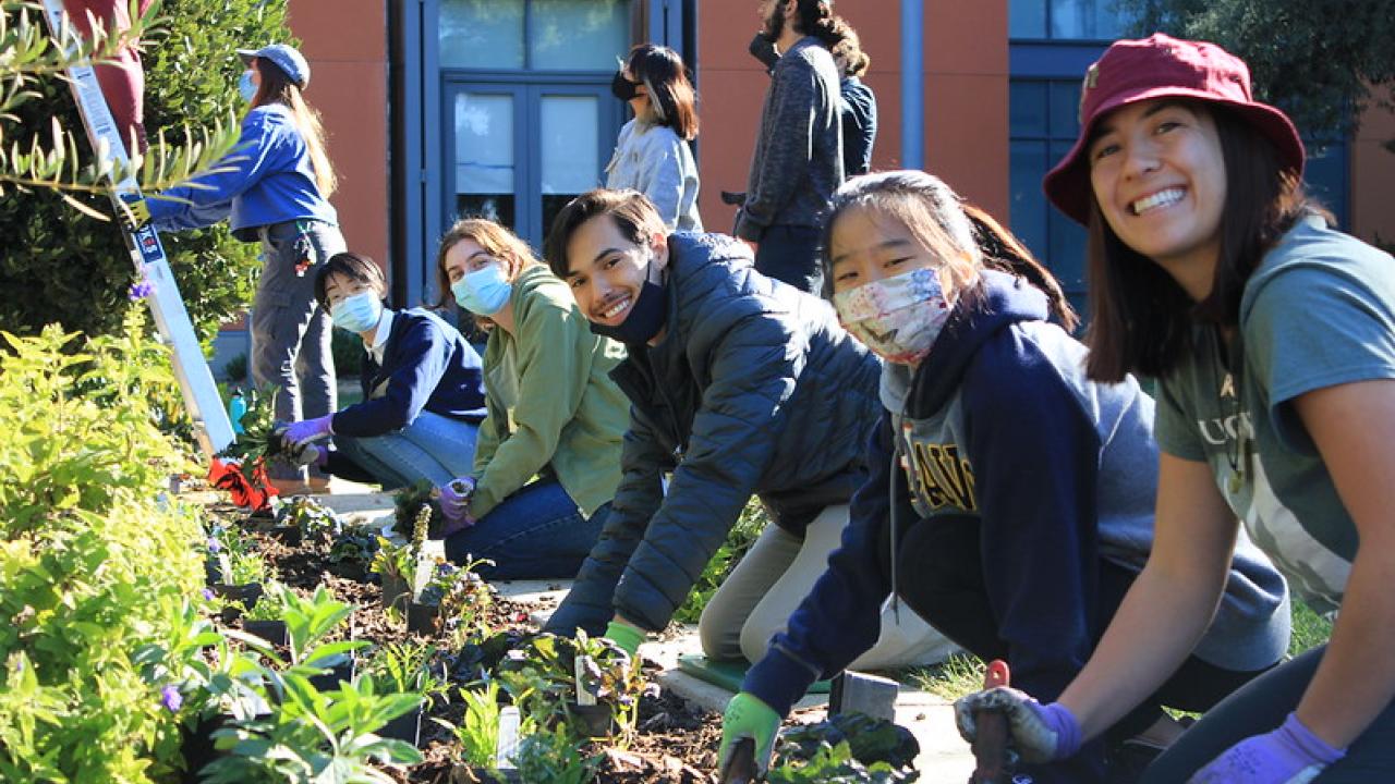 UC Davis community members pose for a photo while working together on a garden bed in the Good Life Garden