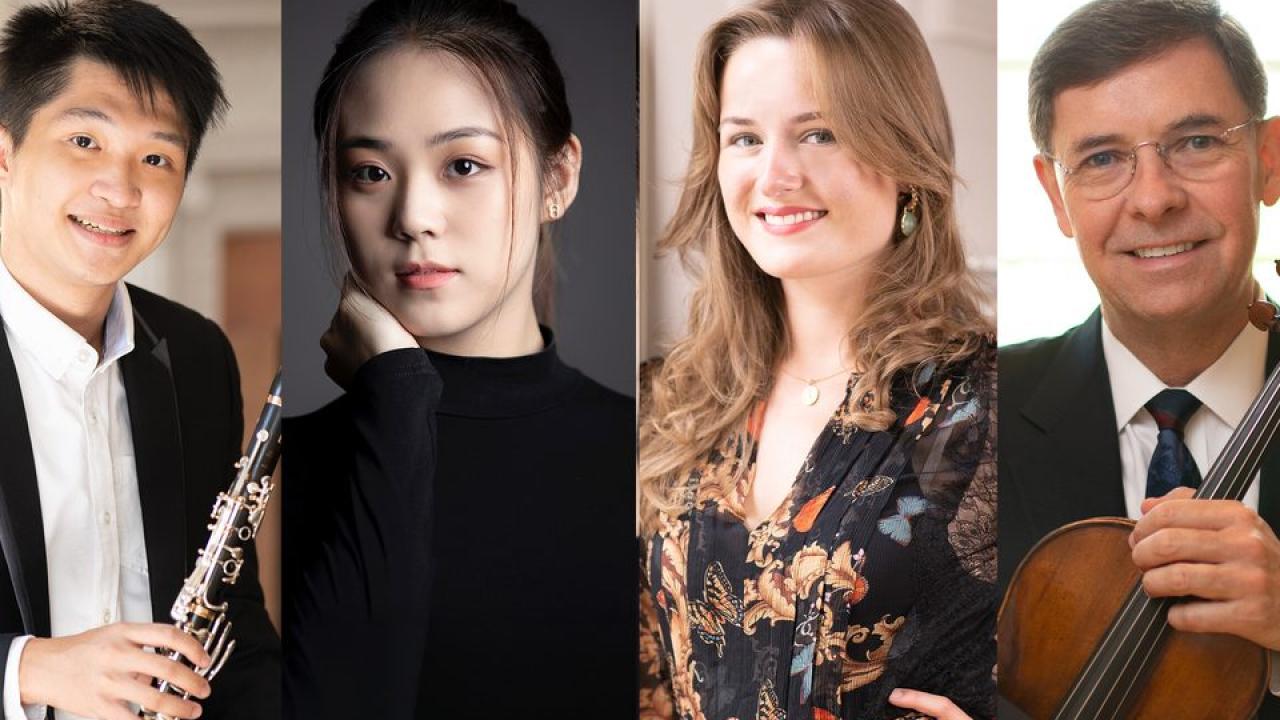 4 headshots of musicians from Curtis on Tour holding instruments