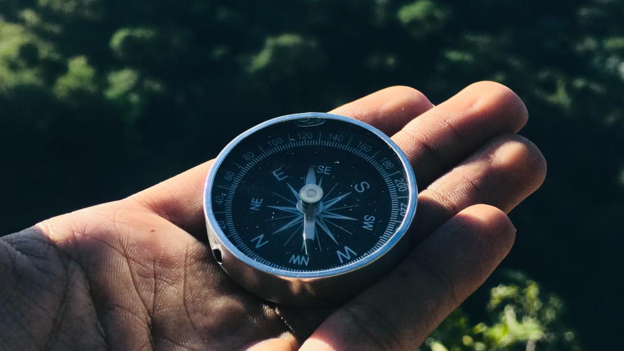 close up of a person's hand holding a compass against a lush green landscape in the background