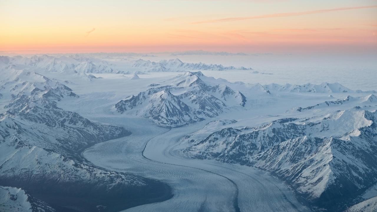 Aerial view of snowy mountains in Alaska