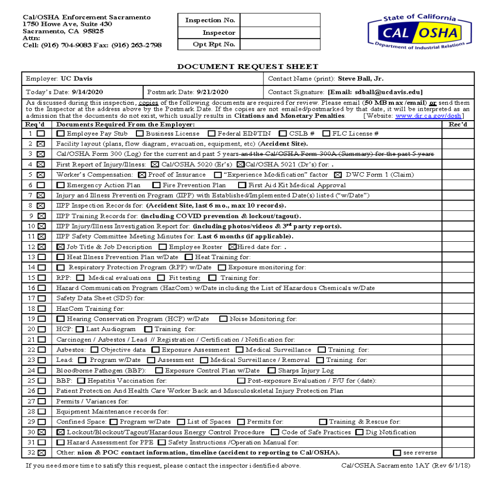 Cal/OSHA document request sheet. PDF will be available through caption.