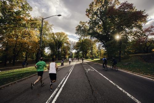 People running and biking on a path in a park