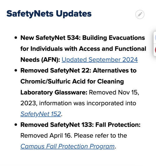 SafetyNets updates block. This block shows any updates made within the year to any safteynet