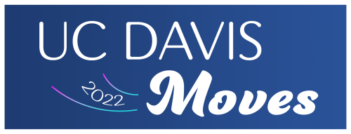 UC Davis Moves logo and text on a blue box, with colorful lines surrounding 2022 to show movement