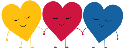 three hearts (yellow, red, blue) holding hands