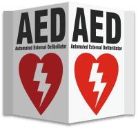 An AED sign with a red heart and white lightning bolt through it.