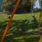 A variety of different colored ribbons are hanging from trees with a grassy hill and people sitting behind them