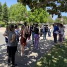 Group of people standing under a shady tree listening to a speaker on a walk